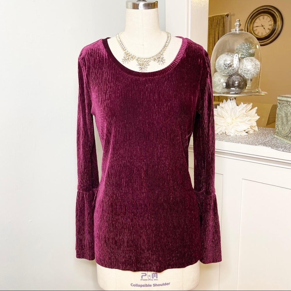 Tribal Burgundy Velvet Scoop Neck Bell Sleeve Stretchy Top Medium - Picture 6 of 13